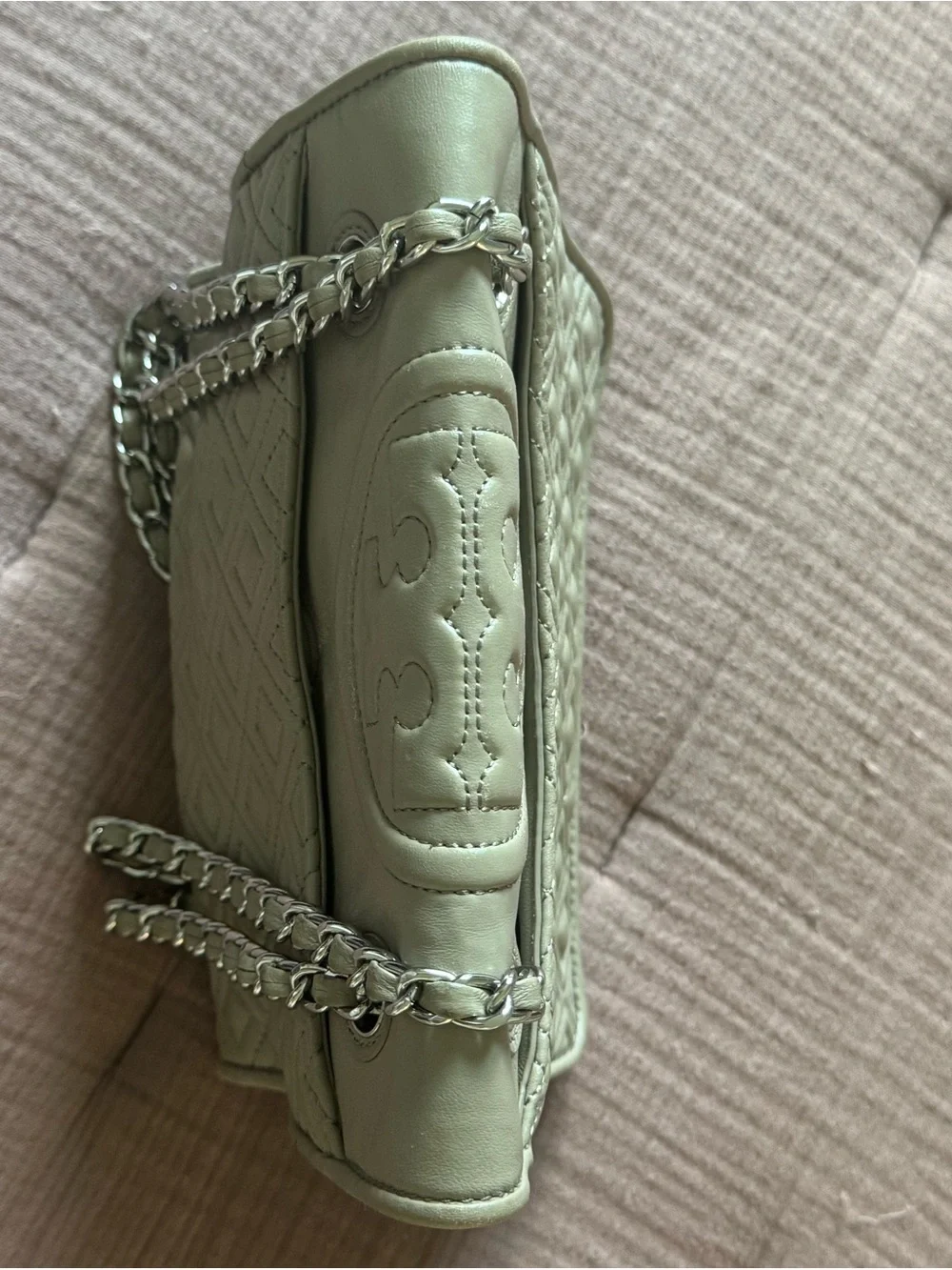 Tory Burch Fleming Convertible Shoulder Bag Taupe Gray Quilted Leather